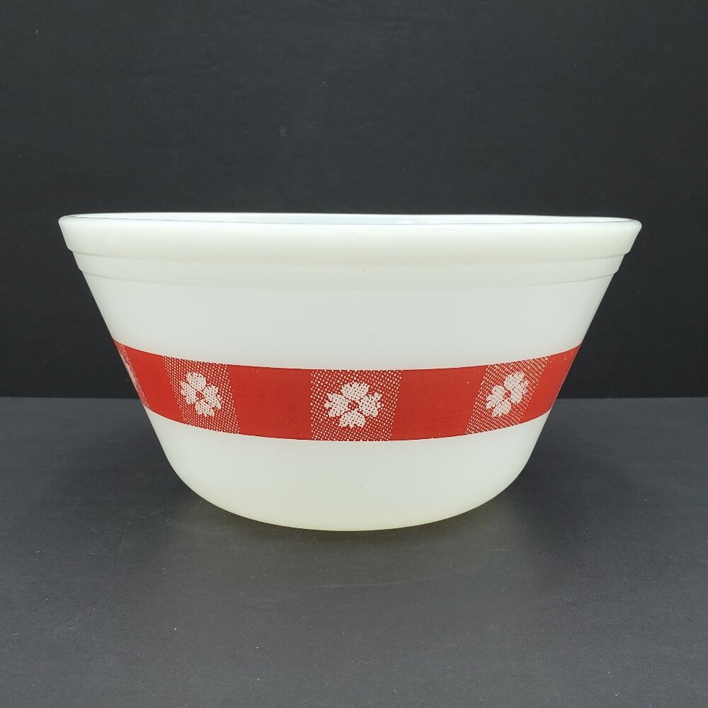 Federal Glass Large Red Gingham Mixing Serving Bowl Red Checks Flowers on White